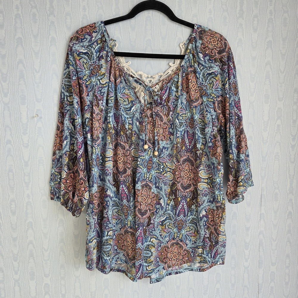 Womens 3X Crochet Lace Top Paisley 3/4 Sleeve‎ Jersey Boho Cottage Open Back